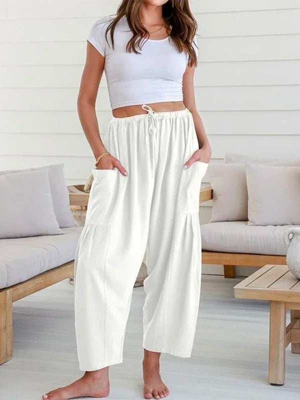 Solid Color Pockets High Waisted Drawstring Loose Wide Leg Casual Daily Trousers Bottoms Mssza