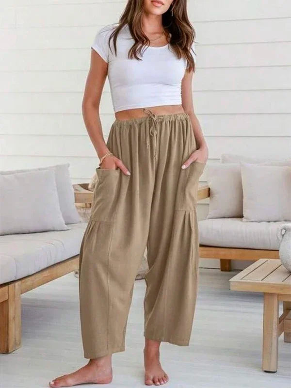 Solid Color Pockets High Waisted Drawstring Loose Wide Leg Casual Daily Trousers Bottoms Mssza