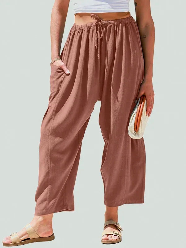 Solid Color Pockets High Waisted Drawstring Loose Wide Leg Casual Daily Trousers Bottoms Mssza