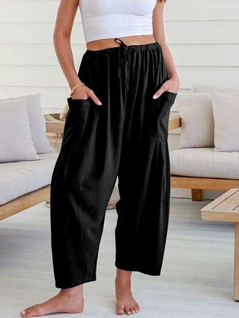 Solid Color Pockets High Waisted Drawstring Loose Wide Leg Casual Daily Trousers Bottoms Mssza