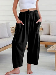Solid Color Pockets High Waisted Drawstring Loose Wide Leg Casual Daily Trousers Bottoms Mssza