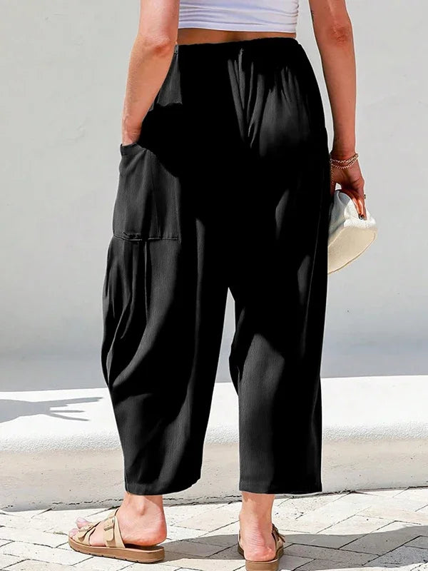 Solid Color Pockets High Waisted Drawstring Loose Wide Leg Casual Daily Trousers Bottoms Mssza