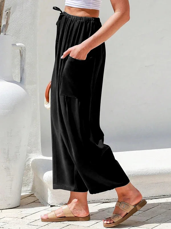 Solid Color Pockets High Waisted Drawstring Loose Wide Leg Casual Daily Trousers Bottoms Mssza