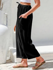 Solid Color Pockets High Waisted Drawstring Loose Wide Leg Casual Daily Trousers Bottoms Mssza
