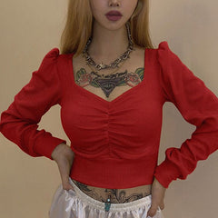 Solid Color V Neck Long-sleeve Cropped Knitwear Mssza