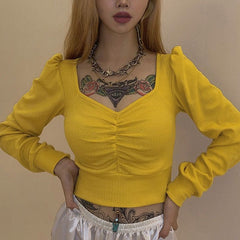 Solid Color V Neck Long-sleeve Cropped Knitwear Mssza