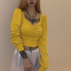 Solid Color V Neck Long-sleeve Cropped Knitwear Mssza