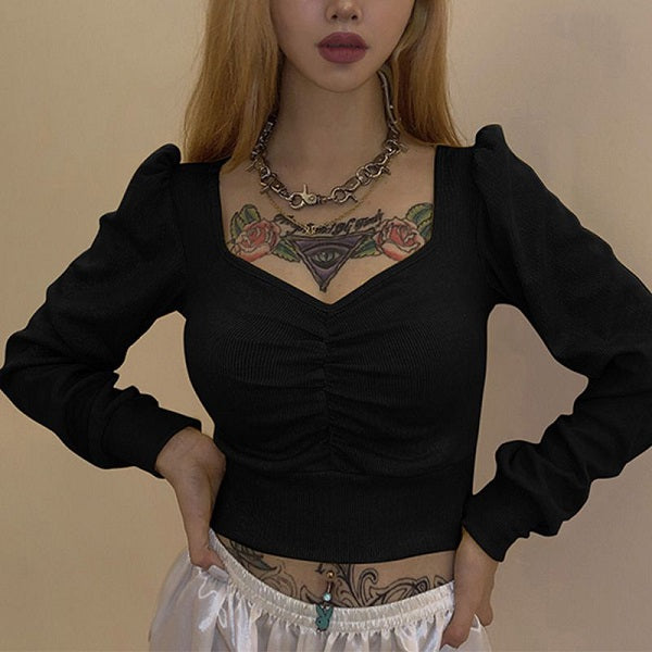Solid Color V Neck Long-sleeve Cropped Knitwear Mssza