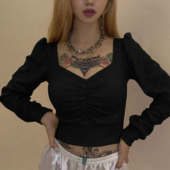 Solid Color V Neck Long-sleeve Cropped Knitwear Mssza