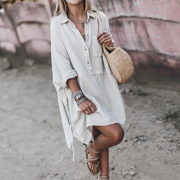 Solid Cotton Long Sleeve Casual Long Top Mssza