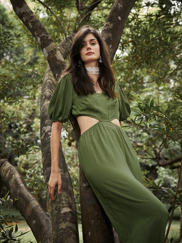 Solid Cut Out Waist Puff Sleeve V-neck Wide Leg Jumpsuit Mssza