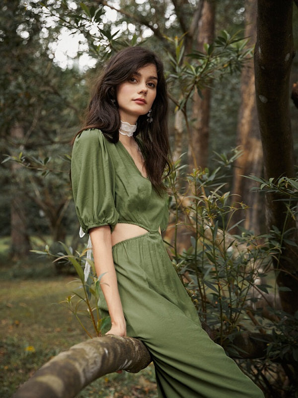 Solid Cut Out Waist Puff Sleeve V-neck Wide Leg Jumpsuit Mssza