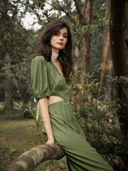 Solid Cut Out Waist Puff Sleeve V-neck Wide Leg Jumpsuit Mssza