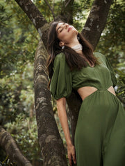 Solid Cut Out Waist Puff Sleeve V-neck Wide Leg Jumpsuit Mssza
