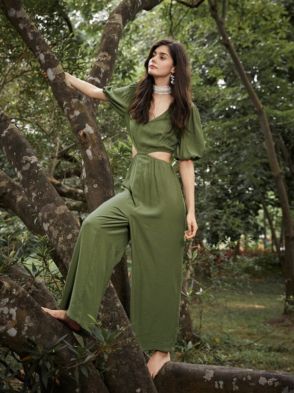 Solid Cut Out Waist Puff Sleeve V-neck Wide Leg Jumpsuit Mssza