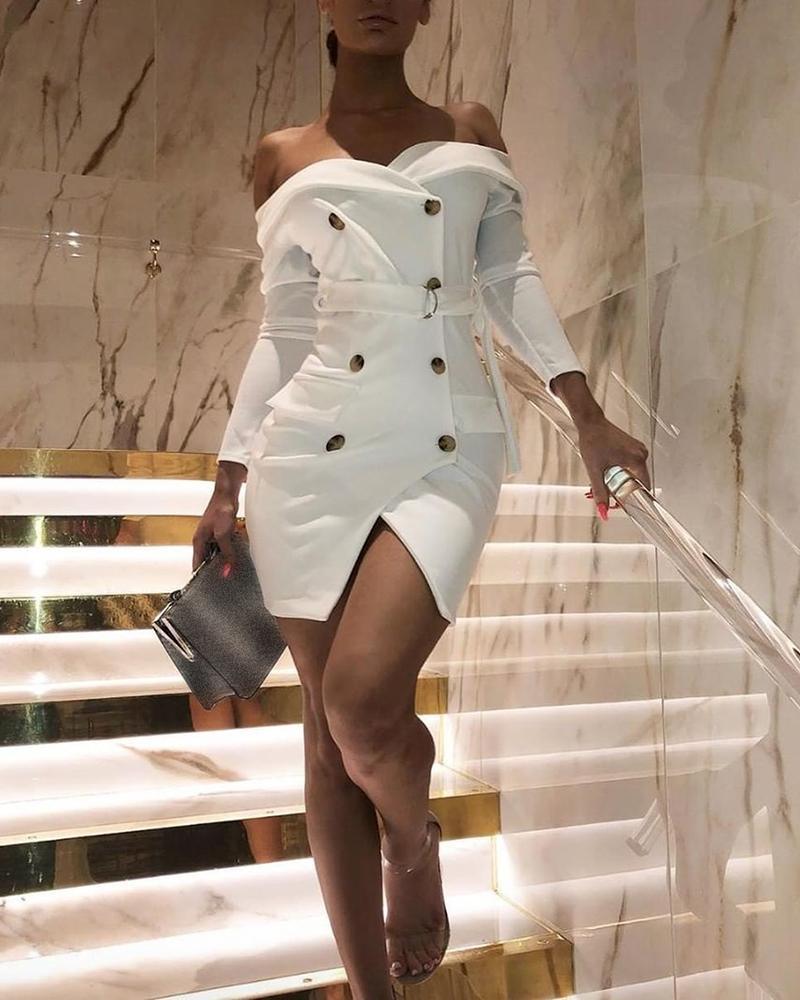 Solid Double Breasted Slit Blazer Dress Mssaz Desses