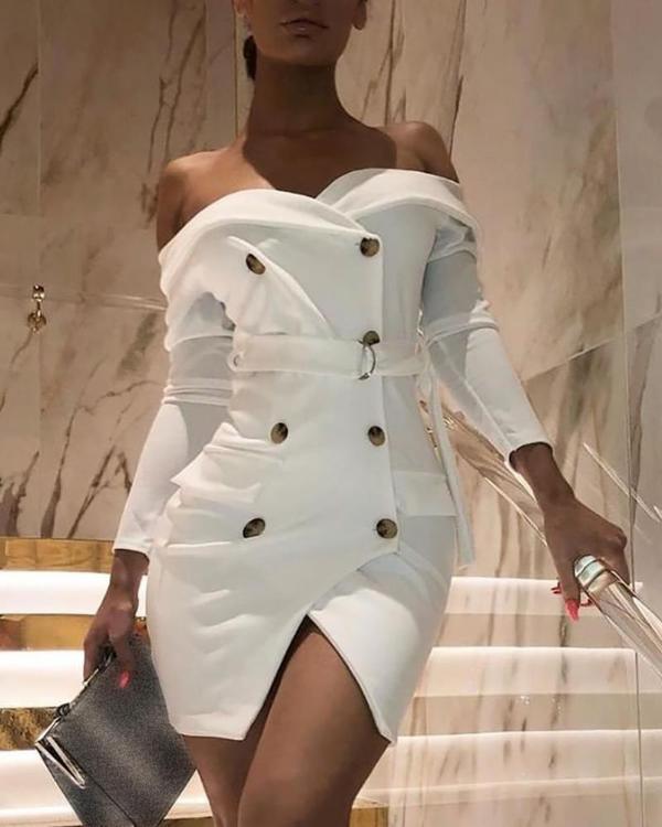 Solid Double Breasted Slit Blazer Dress Mssaz Desses