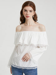 Solid Fringe Trim Off The Shoulder Long Sleeve Blouse Mssza