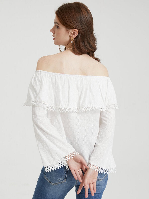 Solid Fringe Trim Off The Shoulder Long Sleeve Blouse Mssza