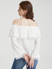 Solid Fringe Trim Off The Shoulder Long Sleeve Blouse Mssza