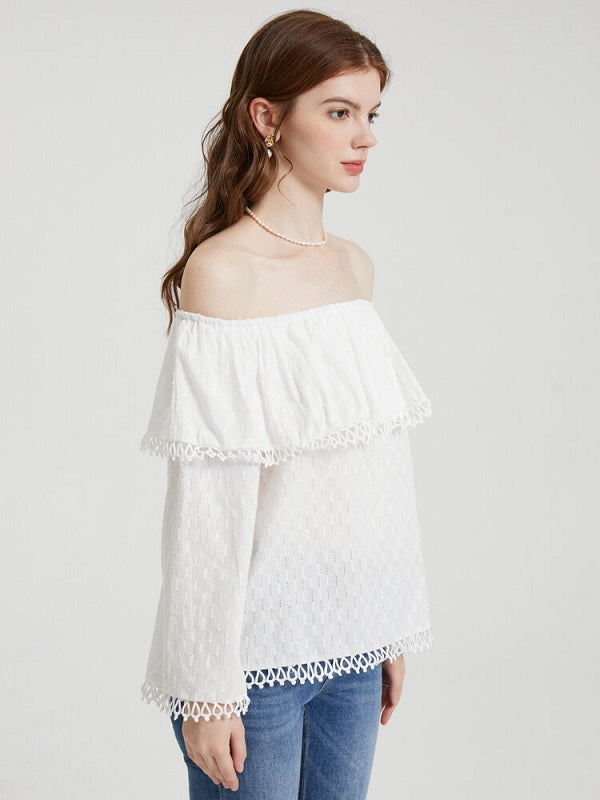 Solid Fringe Trim Off The Shoulder Long Sleeve Blouse Mssza