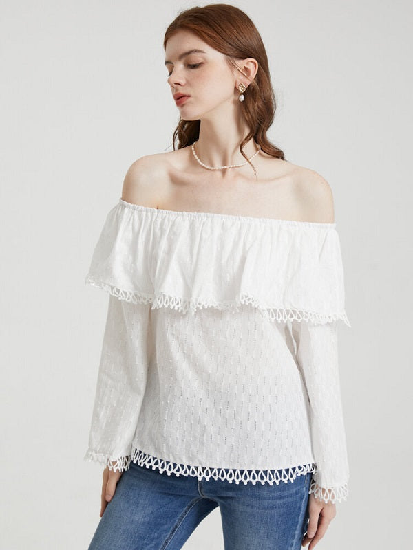 Solid Fringe Trim Off The Shoulder Long Sleeve Blouse Mssza