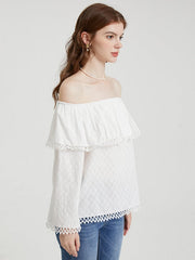 Solid Fringe Trim Off The Shoulder Long Sleeve Blouse Mssza