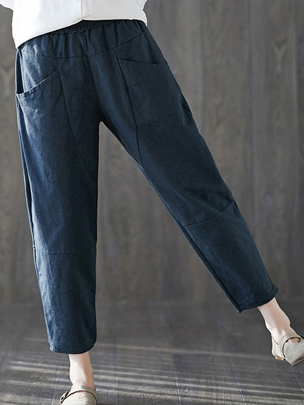 Solid High Elastic Waist Harem Pants Mssza