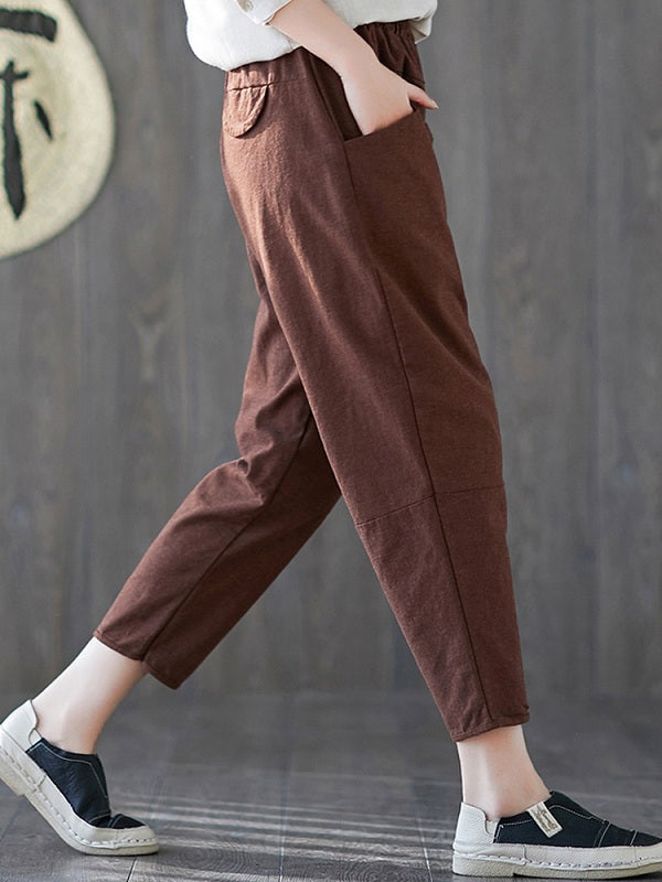 Solid High Elastic Waist Harem Pants Mssza