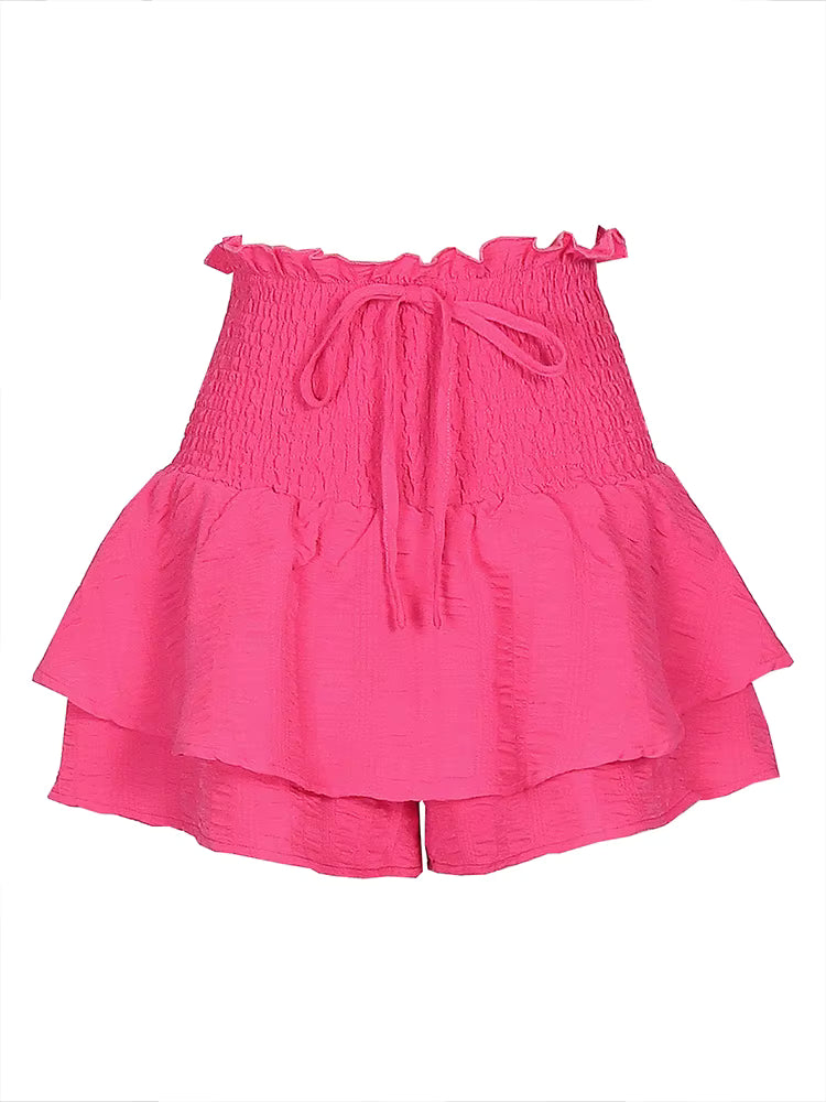 Solid High Waist Ruffle Trim Adjustable Tied Detail Perfect Casual Wear Short Mssza