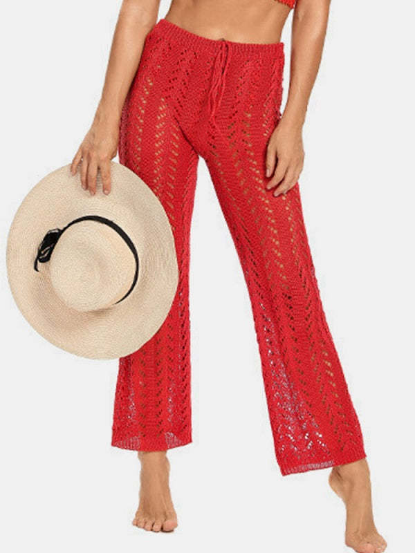Solid Hollow Knit Drawstring Elastic Waist Holiday Pants Mssza