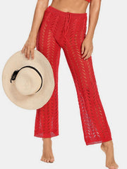 Solid Hollow Knit Drawstring Elastic Waist Holiday Pants Mssza