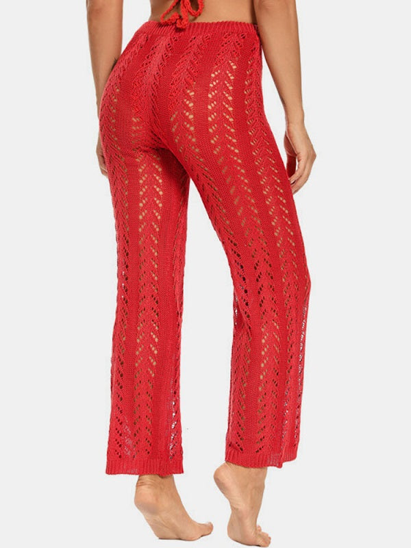 Solid Hollow Knit Drawstring Elastic Waist Holiday Pants Mssza