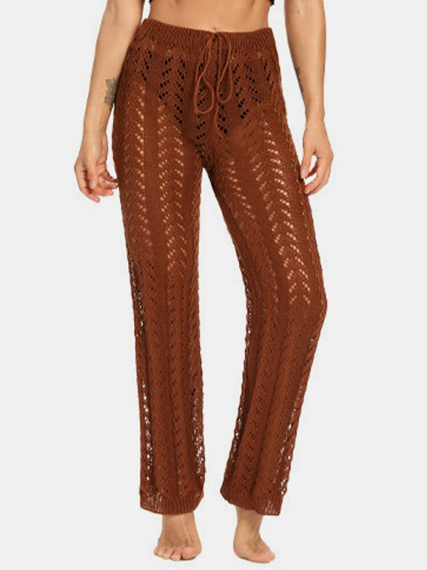 Solid Hollow Knit Drawstring Elastic Waist Holiday Pants Mssza