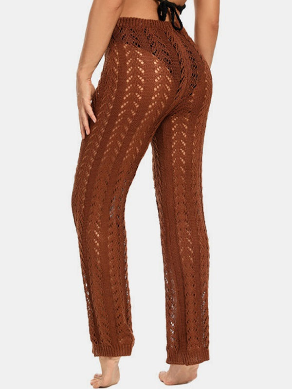 Solid Hollow Knit Drawstring Elastic Waist Holiday Pants Mssza