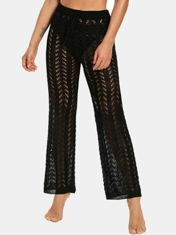 Solid Hollow Knit Drawstring Elastic Waist Holiday Pants Mssza
