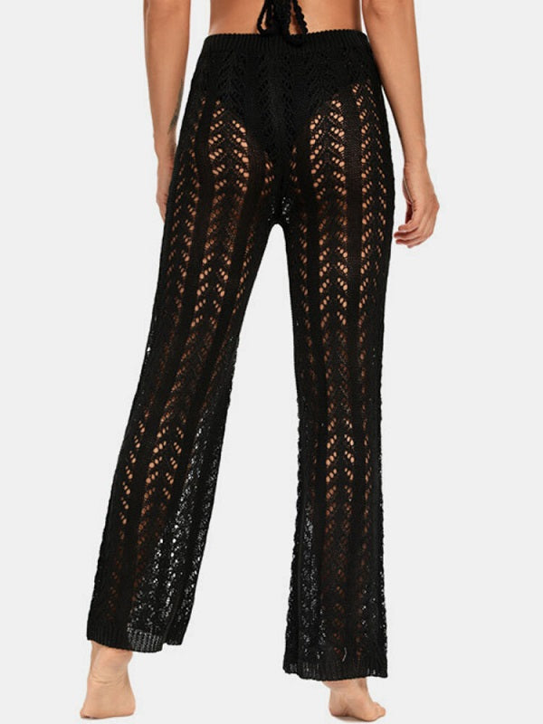 Solid Hollow Knit Drawstring Elastic Waist Holiday Pants Mssza