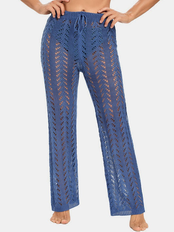 Solid Hollow Knit Drawstring Elastic Waist Holiday Pants Mssza