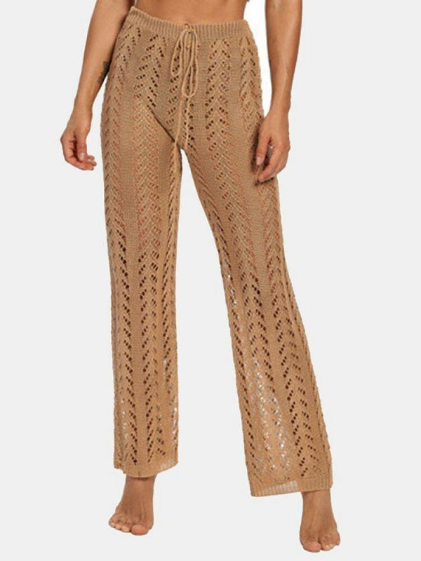 Solid Hollow Knit Drawstring Elastic Waist Holiday Pants Mssza