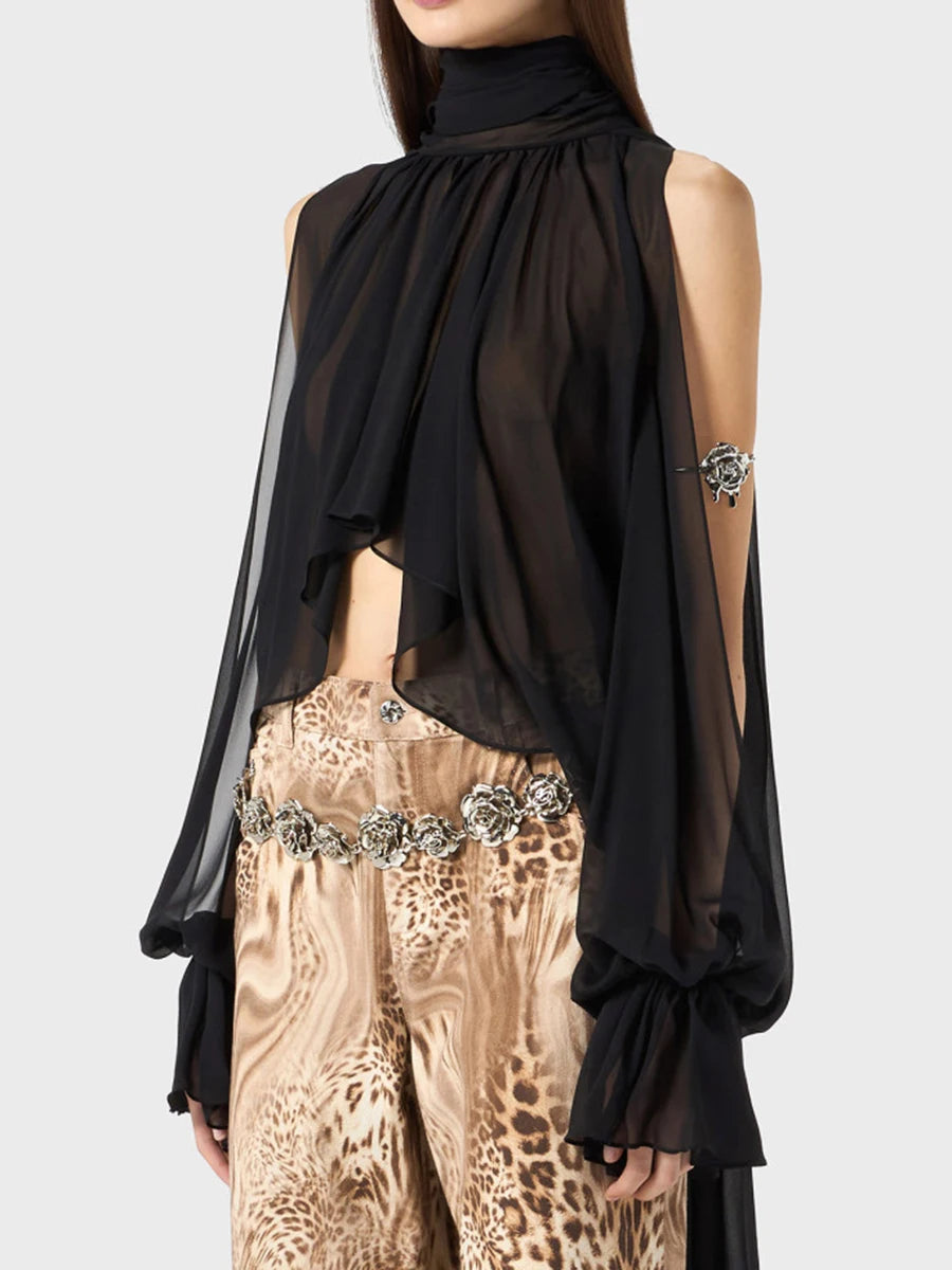 Solid Irregular High Neck Drop Sleeves Spliced Flods Temperament Shirt Mssza