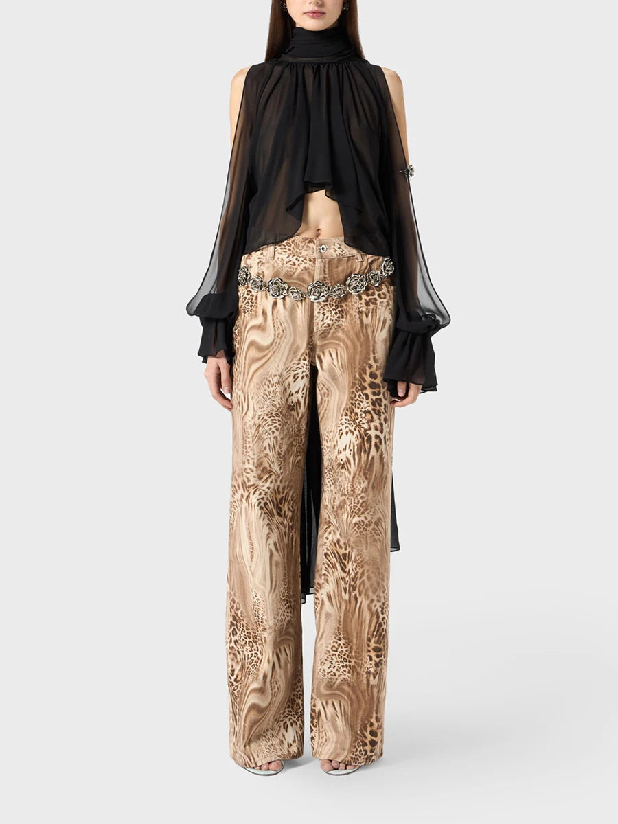Solid Irregular High Neck Drop Sleeves Spliced Flods Temperament Shirt Mssza