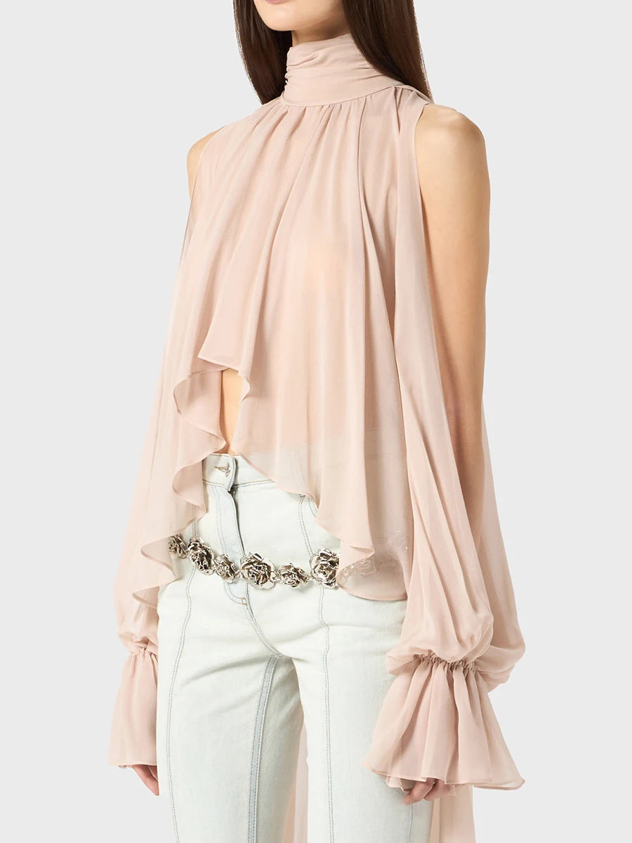 Solid Irregular High Neck Drop Sleeves Spliced Flods Temperament Shirt Mssza