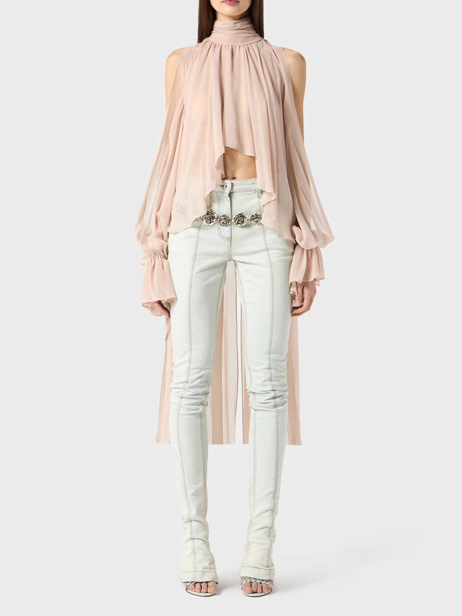 Solid Irregular High Neck Drop Sleeves Spliced Flods Temperament Shirt Mssza