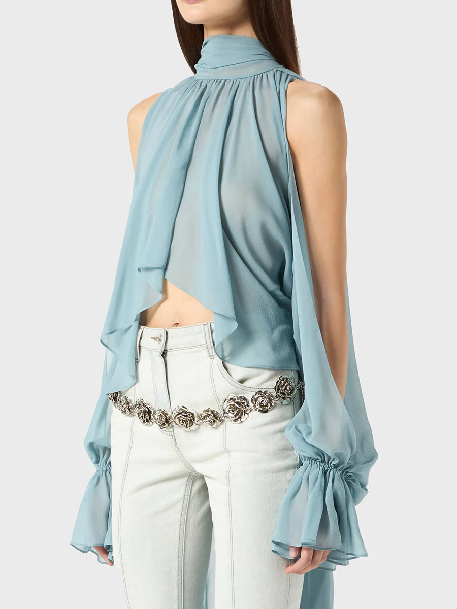 Solid Irregular High Neck Drop Sleeves Spliced Flods Temperament Shirt Mssza