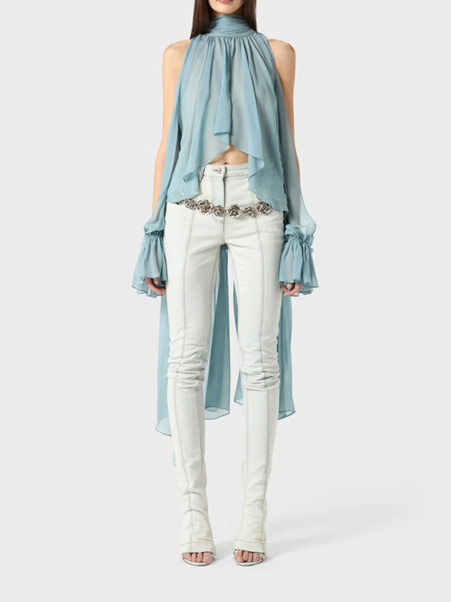 Solid Irregular High Neck Drop Sleeves Spliced Flods Temperament Shirt Mssza