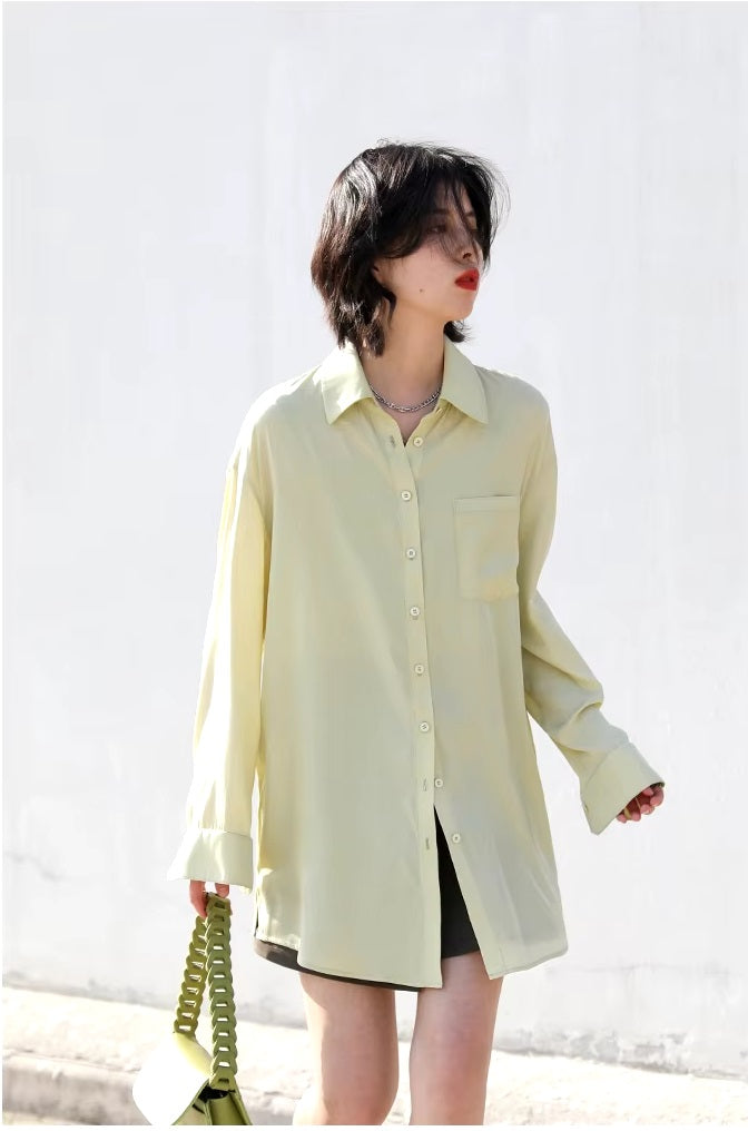 Solid Long Sleeve Skin Friendly Loose Medium Length Shirt Mssza