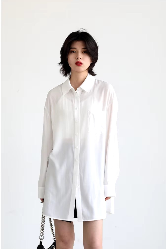 Solid Long Sleeve Skin Friendly Loose Medium Length Shirt Mssza
