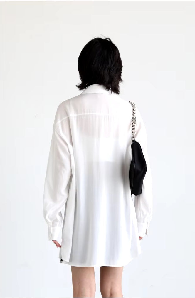 Solid Long Sleeve Skin Friendly Loose Medium Length Shirt Mssza