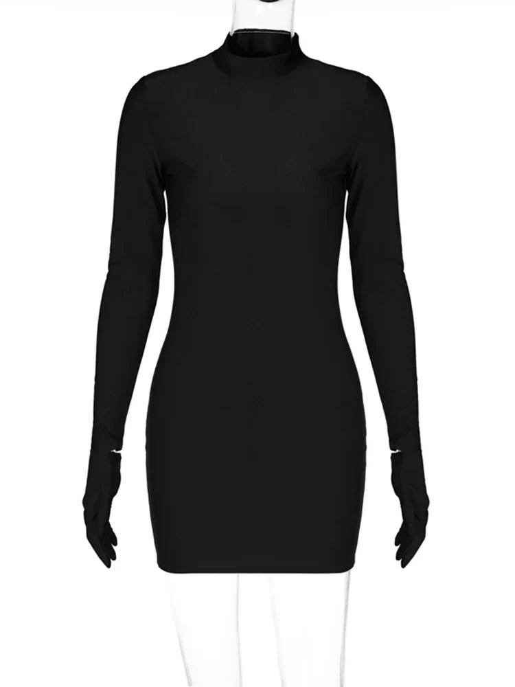 Long Sleeve Gloves Bodycon  Streetwear Party Half Turtleneck Mini Dress Mssaz Desses