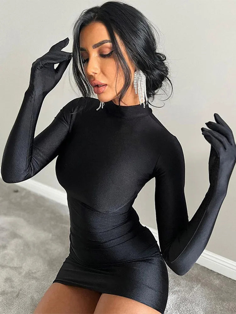 Long Sleeve Gloves Bodycon  Streetwear Party Half Turtleneck Mini Dress Mssaz Desses